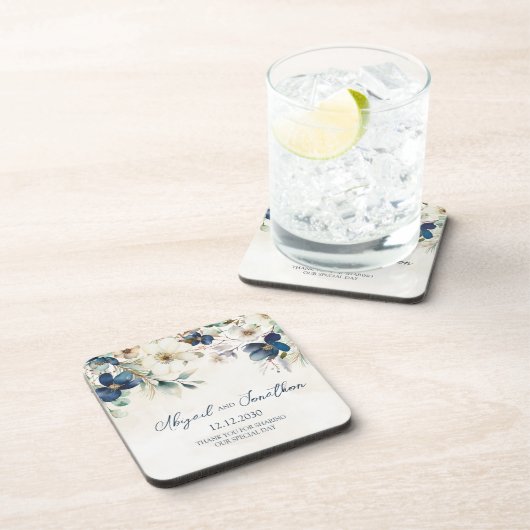 Elegant Blue Floral Winter Wedding コースター (右側)