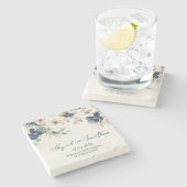 Elegant Blue Floral Winter Wedding ストーンコースター (横)