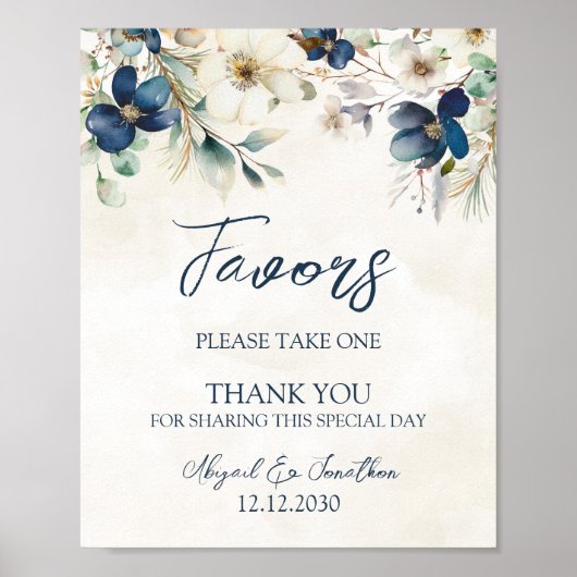 Elegant Blue Floral Winter Wedding Favors Sign ポスター (正面)