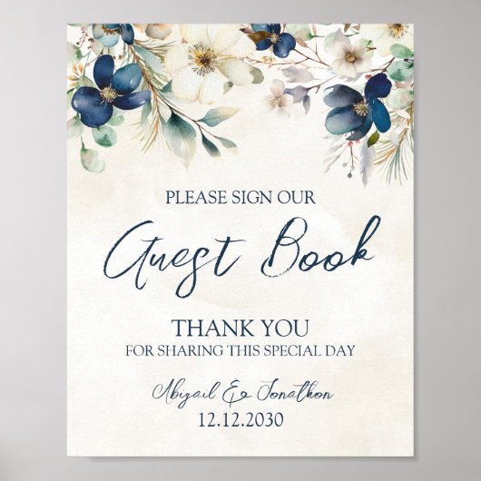 Elegant Blue Floral Winter Wedding Guest Book Sign ポスター (正面)