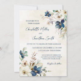 Elegant Blue Floral Winter Wedding Invitations 招待状