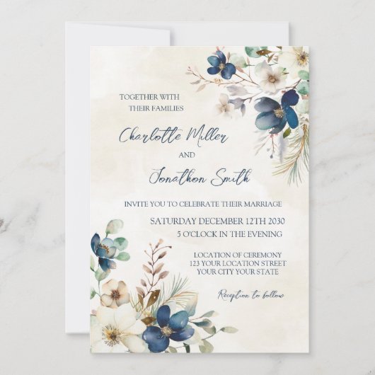 Elegant Blue Floral Winter Wedding Invitations 招待状 (正面)