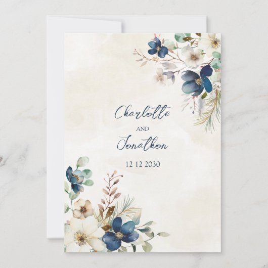 Elegant Blue Floral Winter Wedding Invitations 招待状 (裏面)