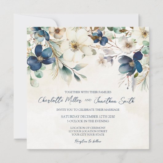 Elegant Blue Floral Winter Wedding Invitations 招待状 (正面)