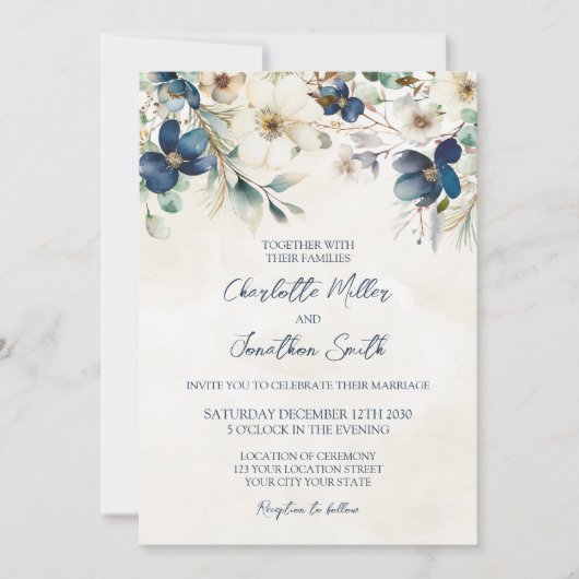Elegant Blue Floral Winter Wedding Invitations 招待状 (正面)