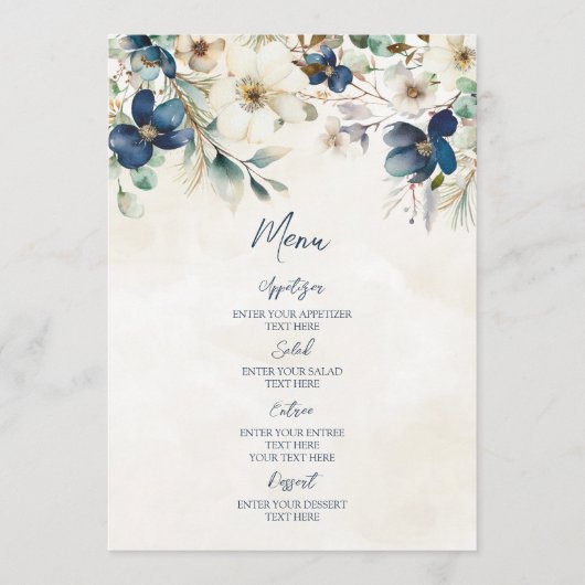 Elegant Blue Floral Winter Wedding Menu メニュー (正面)