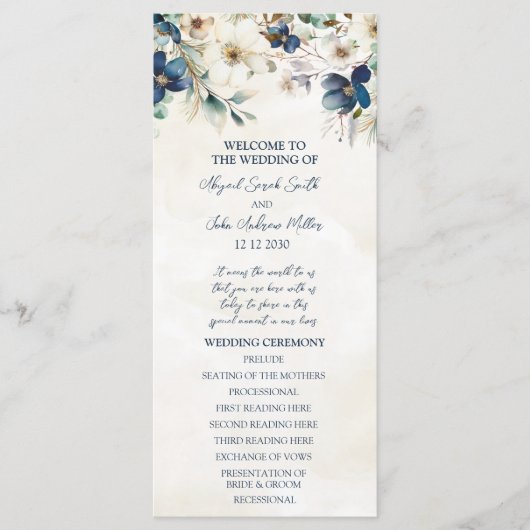 Elegant Blue Floral Winter Wedding Program プログラム (正面)