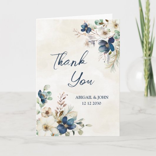 Elegant Blue Floral Winter Wedding Thank You Card サンキューカード (正面)