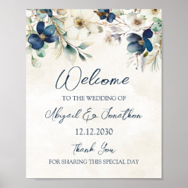 Elegant Blue Floral Winter Wedding Welcome ポスター