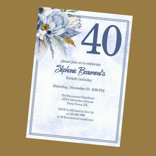 Elegant Blue Florals Women's 40th Birthday Party 招待状