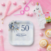 Elegant Blue Florals Women's 50th Birthday Party ペーパープレート (パーティー)