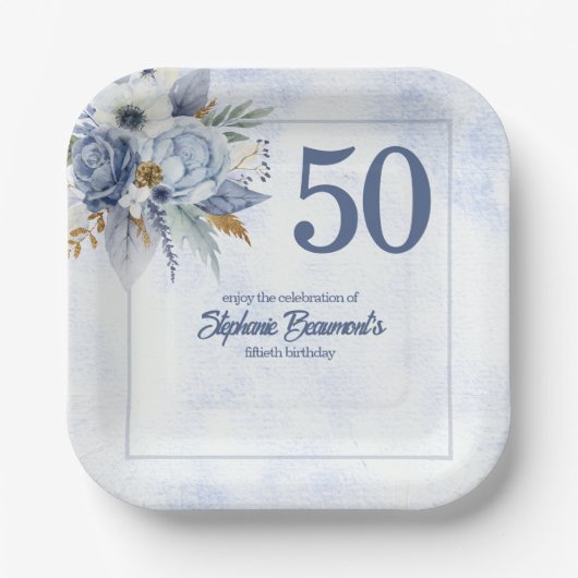 Elegant Blue Florals Women's 50th Birthday Party ペーパープレート (正面)