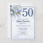 Elegant Blue Florals Women's 50th Birthday Party 招待状 (正面)