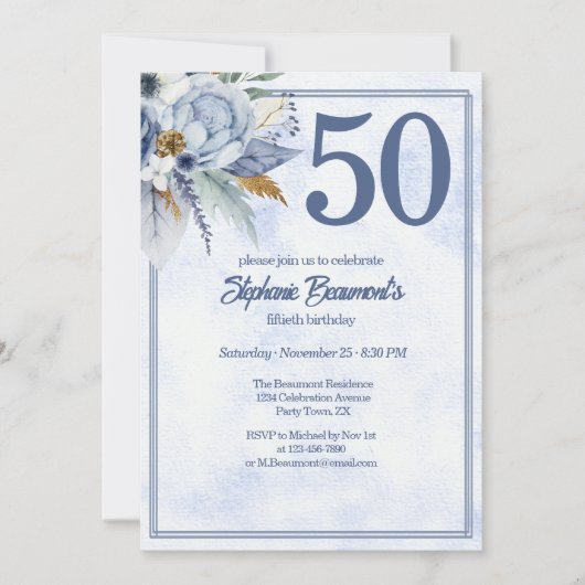Elegant Blue Florals Women's 50th Birthday Party 招待状 (正面)