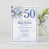Elegant Blue Florals Women's 50th Birthday Party 招待状 (スタンド正面)