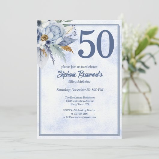 Elegant Blue Florals Women's 50th Birthday Party 招待状 (スタンド正面)