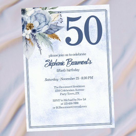 Elegant Blue Florals Women's 50th Birthday Party 招待状