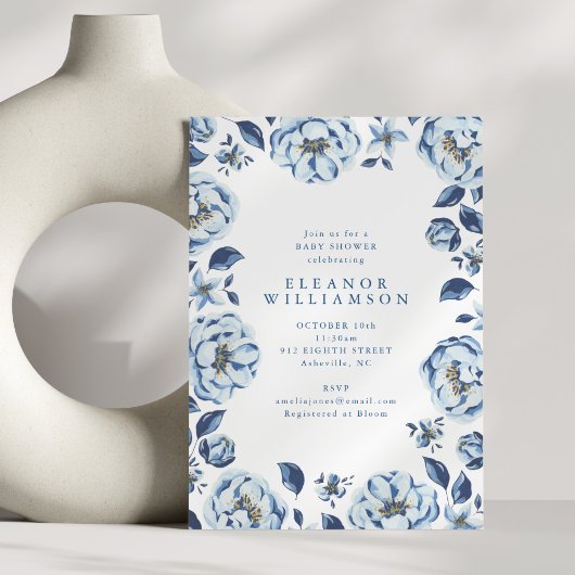 Elegant Blue Flowers Floral Baby Shower 招待状