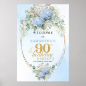 Elegant Blue Flowers Gold 90th birthday welcome ポスター (正面)