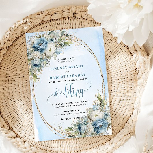 Elegant Blue Flowers Gold Glitter Wedding Invite 招待状