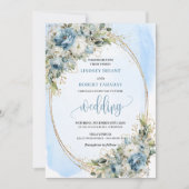 Elegant Blue Flowers Gold Glitter Wedding Invite 招待状 (正面)