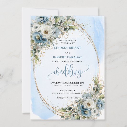 Elegant Blue Flowers Gold Glitter Wedding Invite 招待状 (正面)