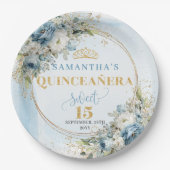 Elegant Blue Flowers Greenery Gold Quince Plates ペーパープレート (正面)