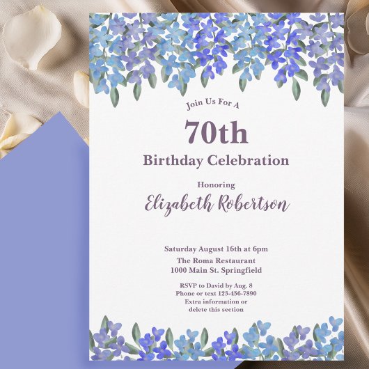 Elegant Blue Flowers Women's 70th Birthday  招待状