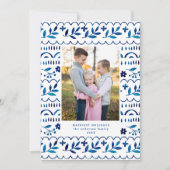 Elegant Blue Folk Watercolor Christmas Photo シーズンカード (正面)