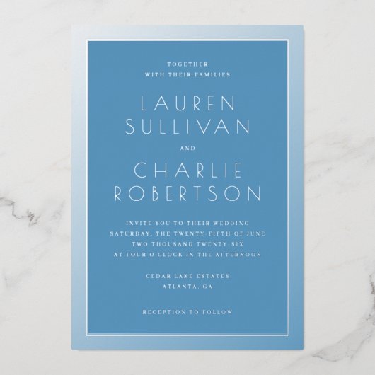 Elegant Blue Formal Wedding Invitation 箔招待状 (正面)