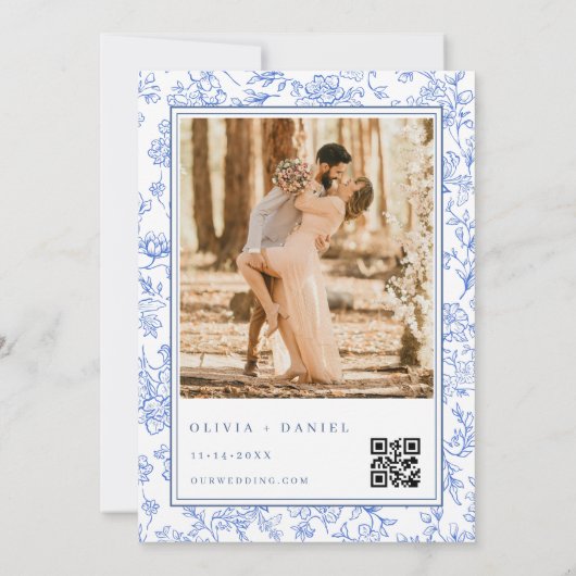 Elegant Blue French Floral Photo QR Code  招待状 (裏面)