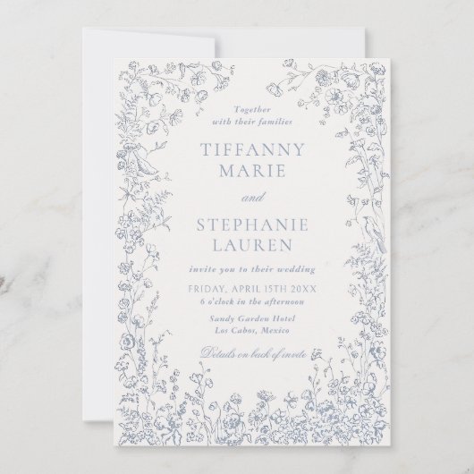 Elegant Blue French Floral Wedding Invitation 招待状 (正面)
