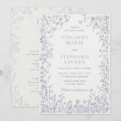 Elegant Blue French Floral Wedding Invitation 招待状 (正面/裏面)