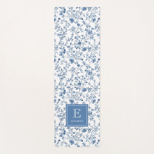 Elegant Blue French Toile Pattern Monogram Name  ヨガマット (正面)