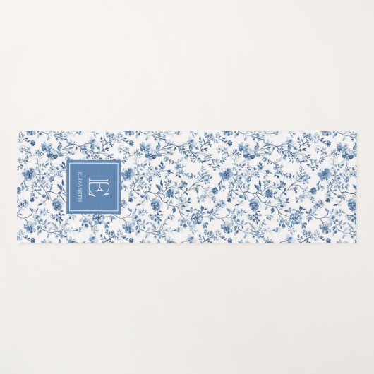 Elegant Blue French Toile Pattern Monogram Name  ヨガマット (正面(横))