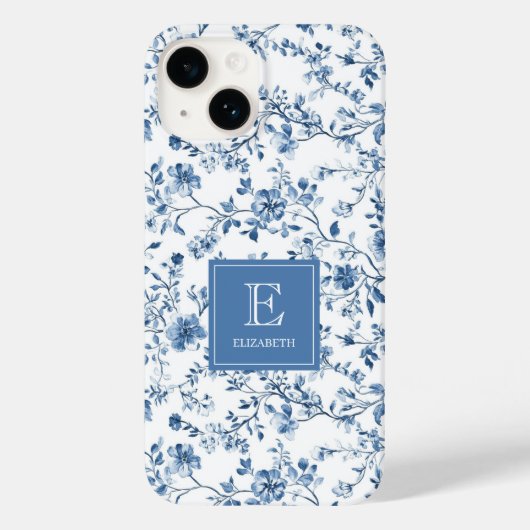 Elegant Blue French Toile Pattern Monogram Name Case-Mate iPhoneケース (裏面)