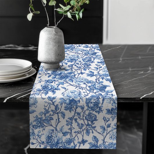 Elegant Blue French Toile Roses Floral Table Runne ロングテーブルランナー