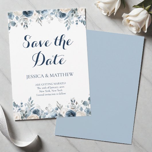 Elegant Blue Galligraphy Watercolor Floral Wedding セーブザデート