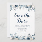Elegant Blue Galligraphy Watercolor Floral Wedding セーブザデート (正面)