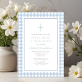 Elegant Blue Gingham Boy First Communion 招待状