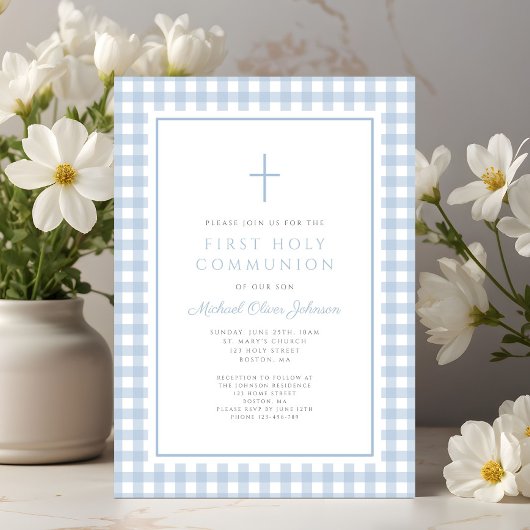 Elegant Blue Gingham Boy First Communion 招待状