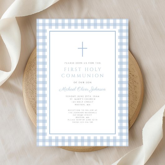 Elegant Blue Gingham Boy First Communion 招待状