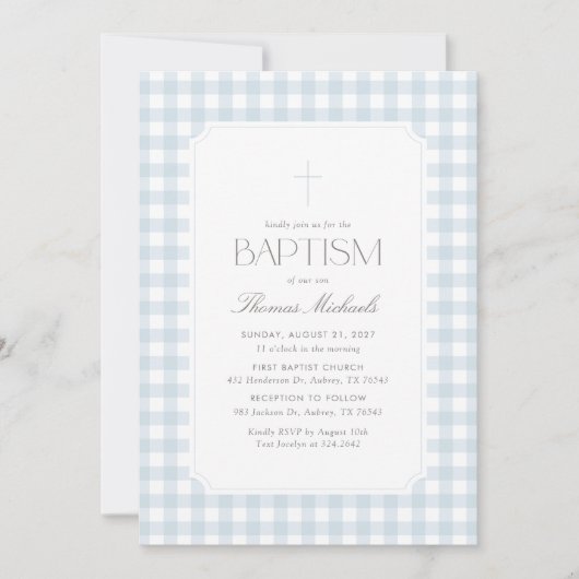Elegant Blue Gingham Cross Boy Baptism 招待状 (正面)