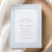 Elegant Blue Gingham Cross Boy Baptism 招待状