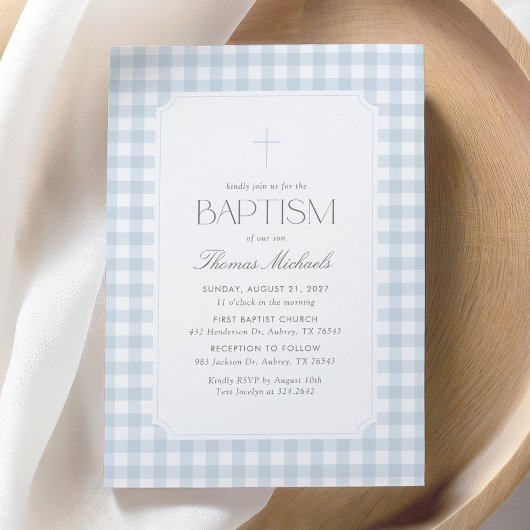 Elegant Blue Gingham Cross Boy Baptism 招待状