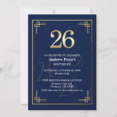 Elegant Blue Gold 26th Birthday Party 招待状 (正面)