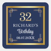 Elegant Blue Gold 32nd Birthday Party スクエアシール (正面)