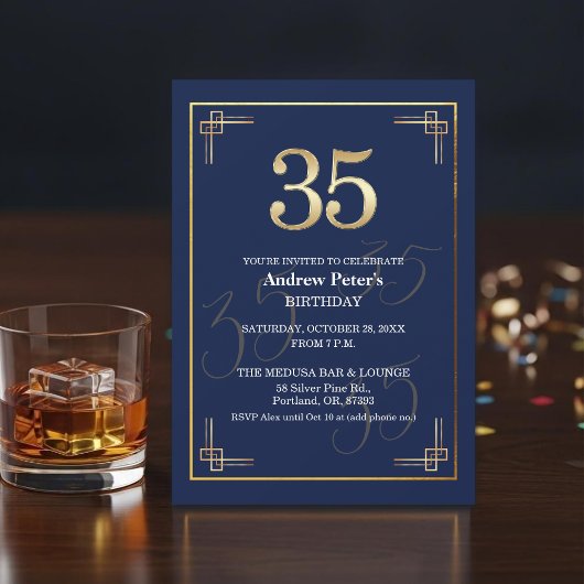 Elegant Blue Gold 35th Birthday Party 招待状