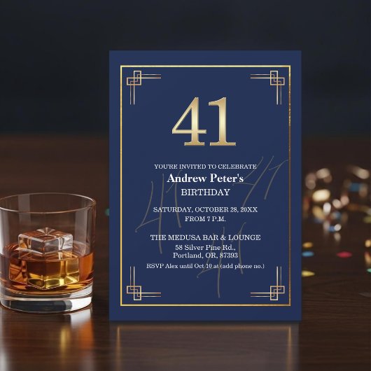 Elegant Blue Gold 41st Birthday Party 招待状