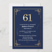 Elegant Blue Gold 61st Birthday Party 招待状 (正面)